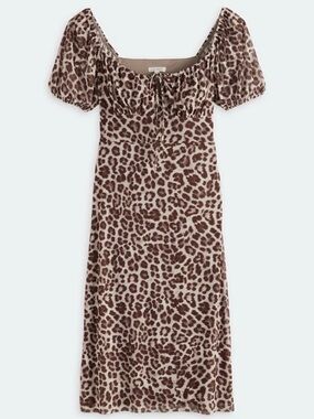 Leopard Print Puff Sleeve Midi Dress - Brown